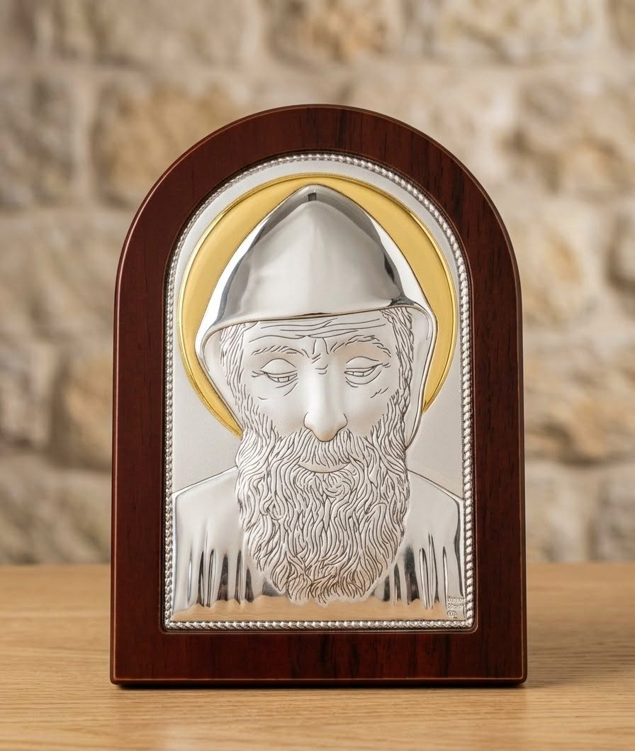 Saint Charbel Arched Silver Icon
